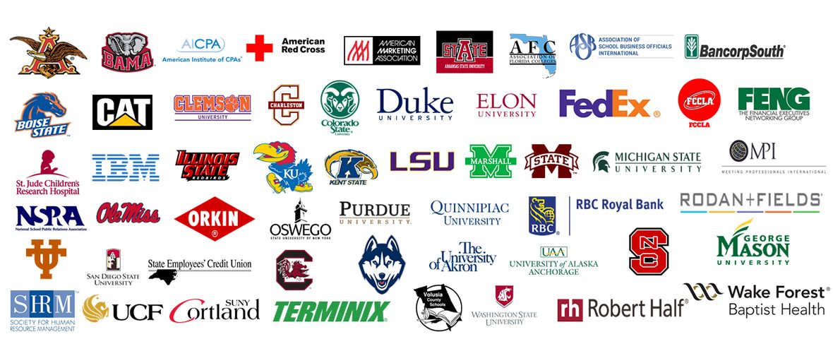 Past clients including Duke, IBM, FedEx, Purdue, Wake Forest Baptist Health, Michigan State, and many more